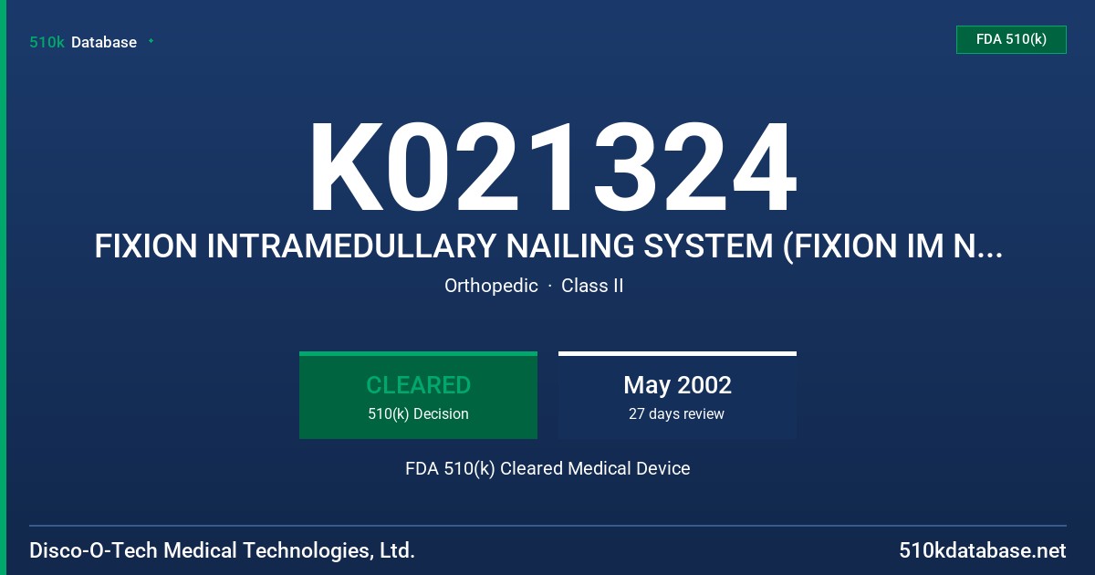 K021324 FIXION INTRAMEDULLARY NAILING SYSTEM (FIXION IM NAILING SYSTEM) FDA 510(k) Cleared Medical Device