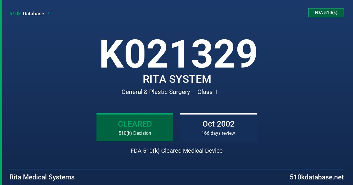 K021329 RITA SYSTEM FDA 510(k) Cleared Medical Device
