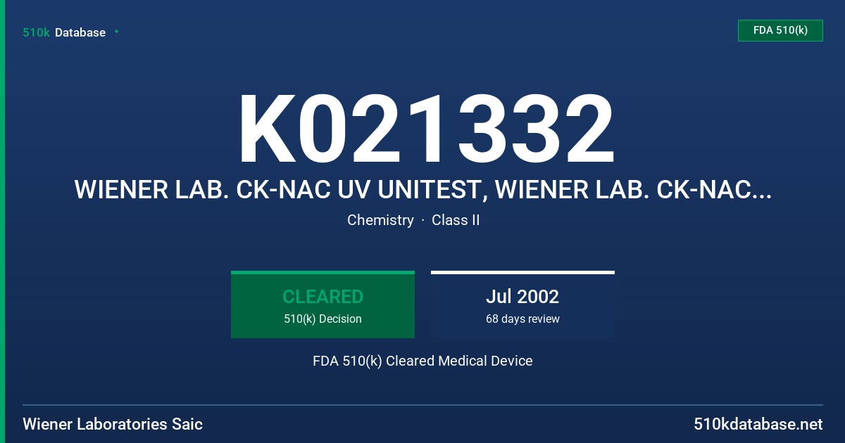 K021332 WIENER LAB. CK-NAC UV UNITEST, WIENER LAB. CK-NAC UV AA, WIENER LAB. CK-NAC UV AA, WIENER LAB.NAC UV AA LIQUIDA FDA 510(k) Cleared Medical Device