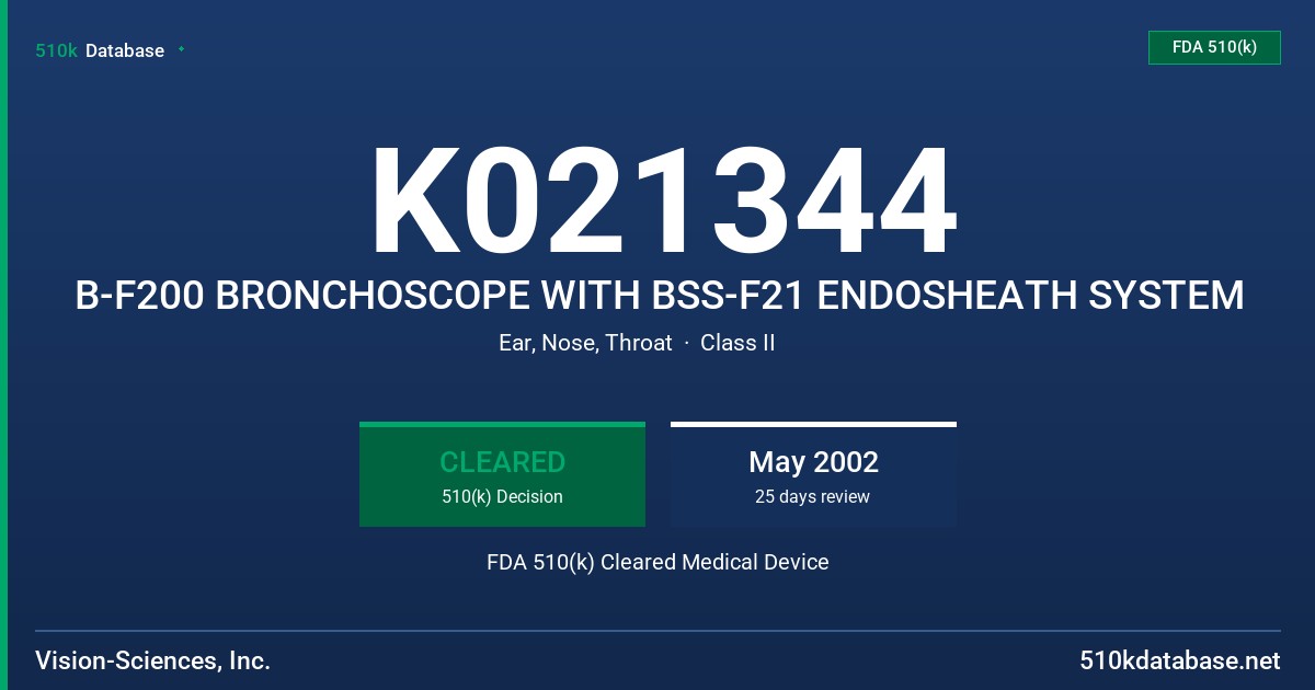 K021344 B-F200 BRONCHOSCOPE WITH BSS-F21 ENDOSHEATH SYSTEM FDA 510(k) Cleared Medical Device