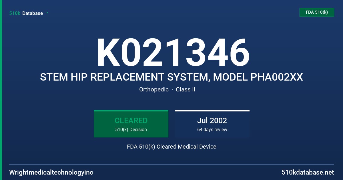 K021346 STEM HIP REPLACEMENT SYSTEM, MODEL PHA002XX FDA 510(k) Cleared Medical Device