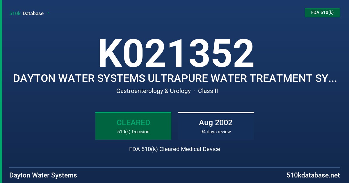 K021352 DAYTON WATER SYSTEMS ULTRAPURE WATER TREATMENT SYSTEMS FOR HEMODIALYSIS FDA 510(k) Cleared Medical Device