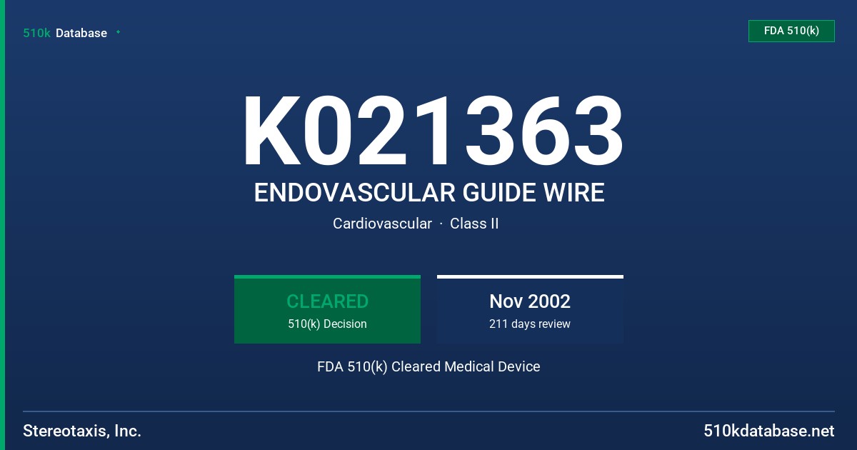 K021363 ENDOVASCULAR GUIDE WIRE FDA 510(k) Cleared Medical Device