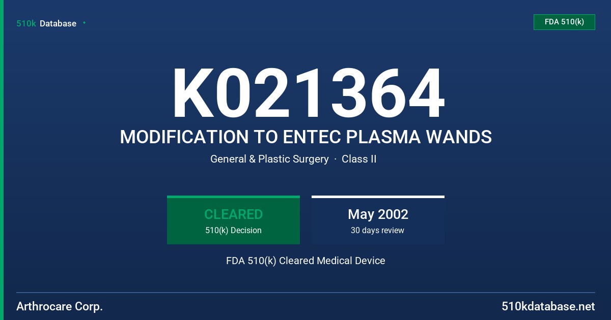 K021364 MODIFICATION TO ENTEC PLASMA WANDS FDA 510(k) Cleared Medical Device