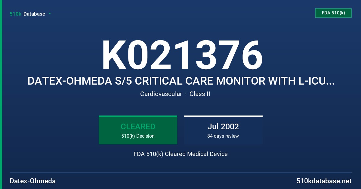 K021376 DATEX-OHMEDA S/5 CRITICAL CARE MONITOR WITH L-ICU02 AND L-ICU02A SOFTWARE FDA 510(k) Cleared Medical Device