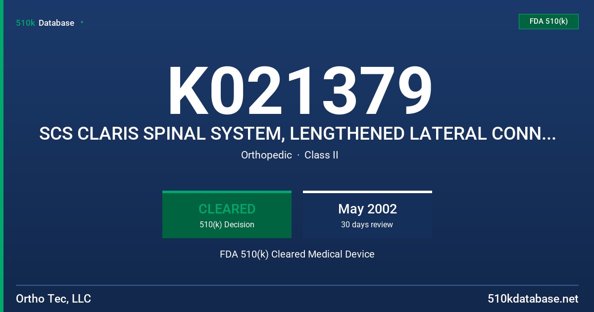 K021379 SCS CLARIS SPINAL SYSTEM, LENGTHENED LATERAL CONNECTOR, MODEL AL06 FDA 510(k) Cleared Medical Device