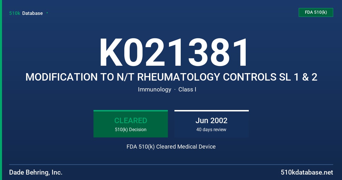 K021381 MODIFICATION TO N/T RHEUMATOLOGY CONTROLS SL 1 & 2 FDA 510(k) Cleared Medical Device