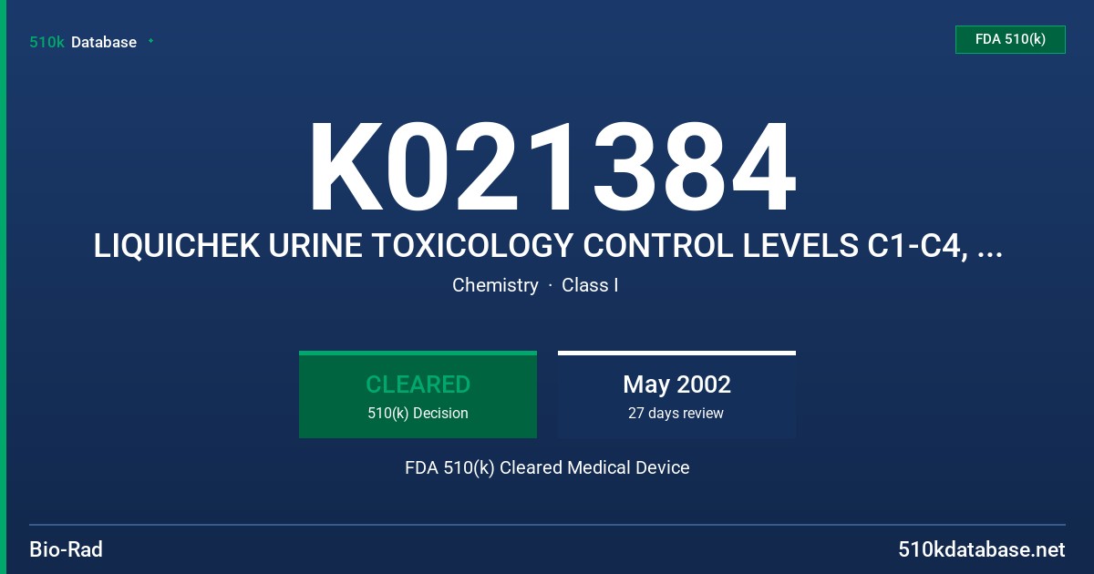 K021384 LIQUICHEK URINE TOXICOLOGY CONTROL LEVELS C1-C4, MODELS 441,442,443,444 FDA 510(k) Cleared Medical Device