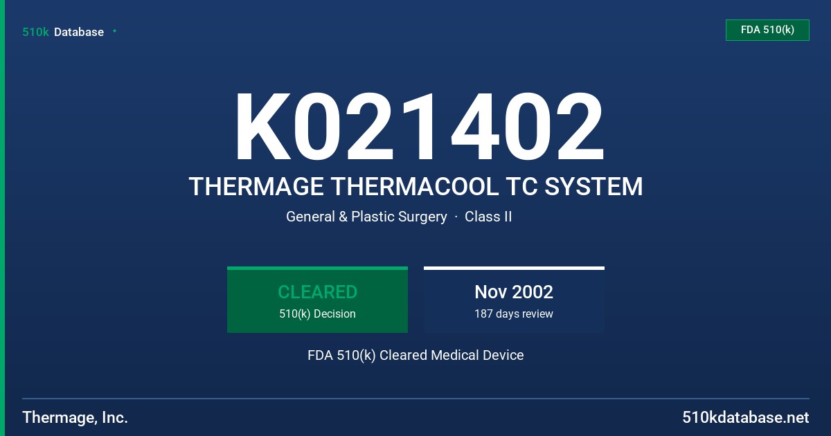 K021402 THERMAGE THERMACOOL TC SYSTEM FDA 510(k) Cleared Medical Device