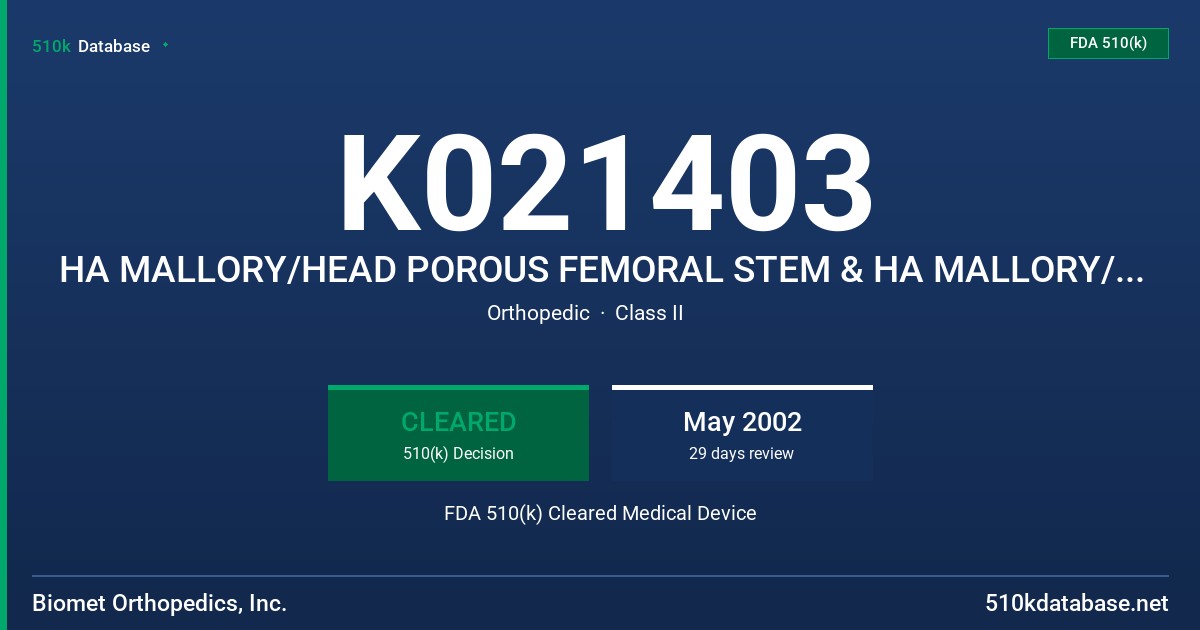 K021403 HA MALLORY/HEAD POROUS FEMORAL STEM & HA MALLORY/HEAD POROUS LATERALIZED FEMORAL STEM FDA 510(k) Cleared Medical Device