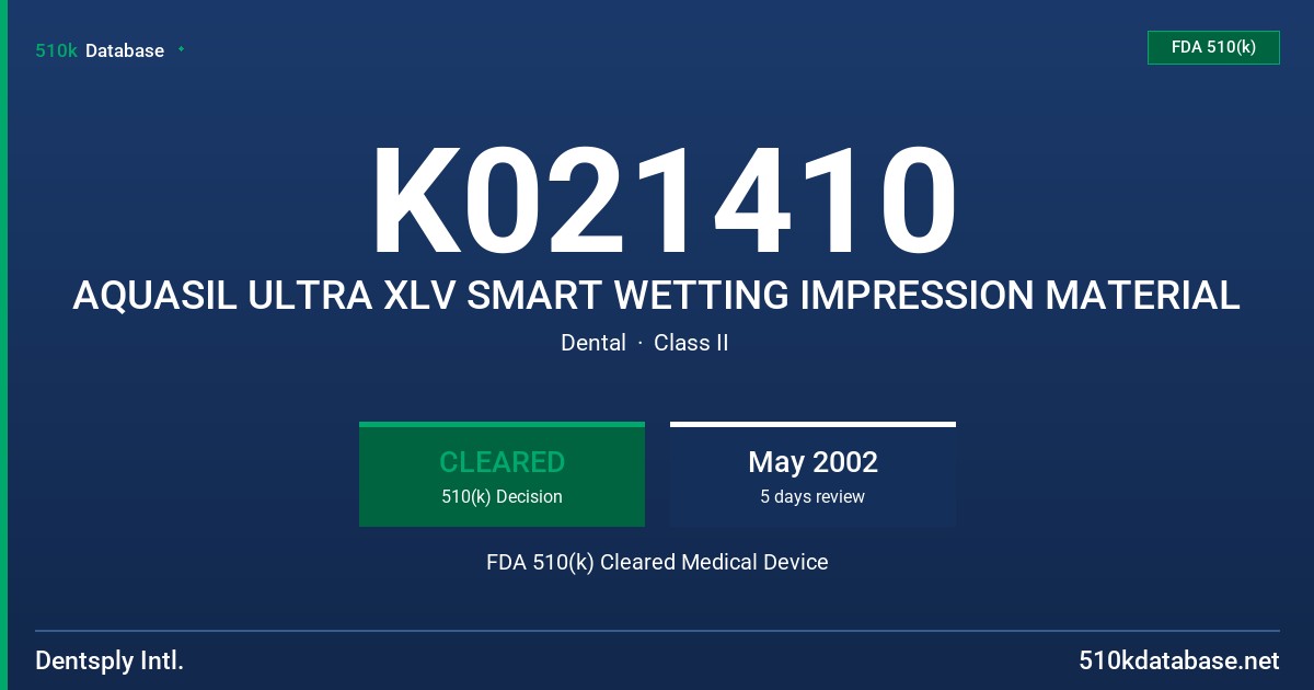 K021410 AQUASIL ULTRA XLV SMART WETTING IMPRESSION MATERIAL FDA 510(k) Cleared Medical Device