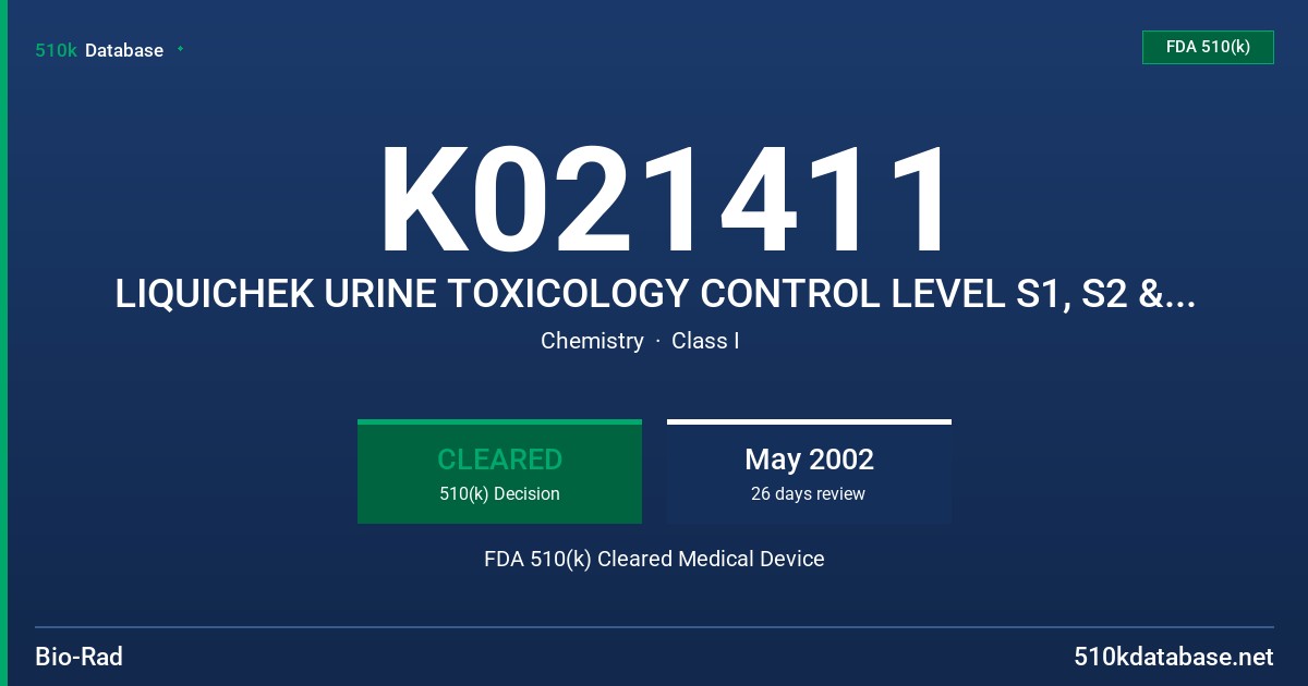 K021411 LIQUICHEK URINE TOXICOLOGY CONTROL LEVEL S1, S2 & S3 MODELS 461, 462 & 463 FDA 510(k) Cleared Medical Device