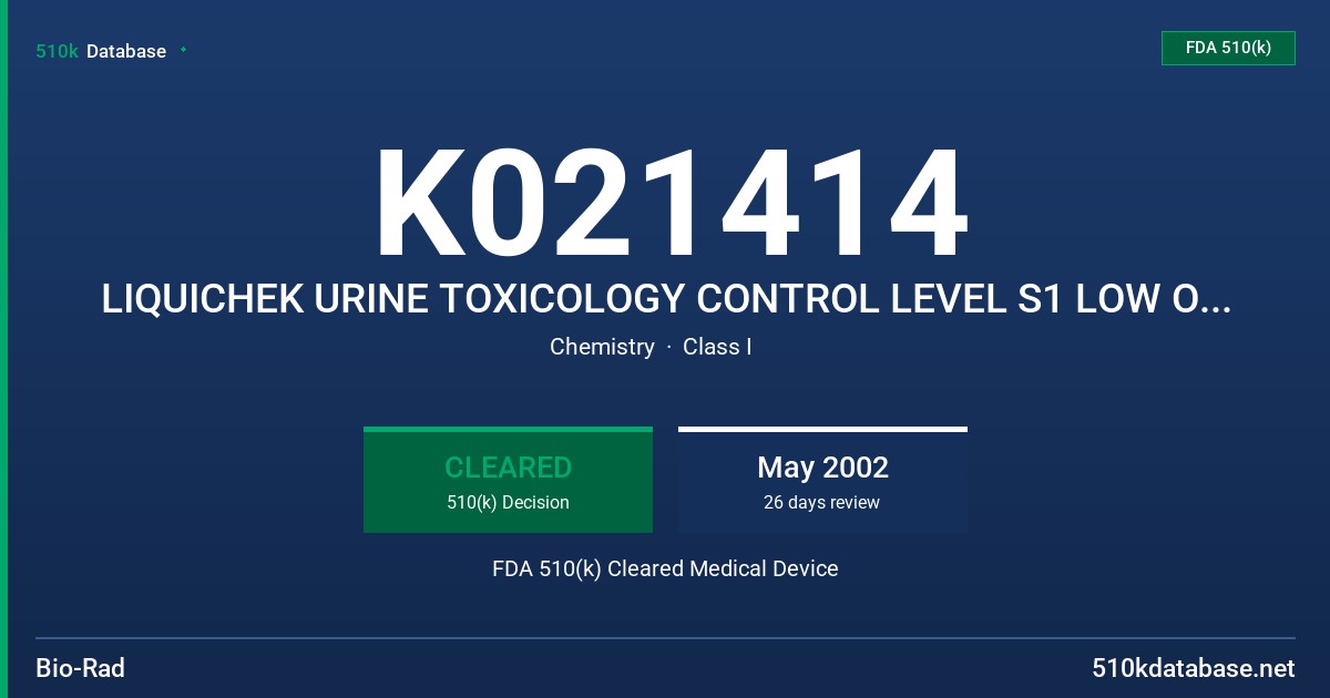 K021414 LIQUICHEK URINE TOXICOLOGY CONTROL LEVEL S1 LOW OPIATE & S2 LOW OPIATE MODELS 466 & 467 FDA 510(k) Cleared Medical Device