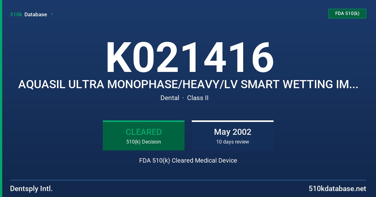 K021416 AQUASIL ULTRA MONOPHASE/HEAVY/LV SMART WETTING IMPRESSION MATERIAL FDA 510(k) Cleared Medical Device