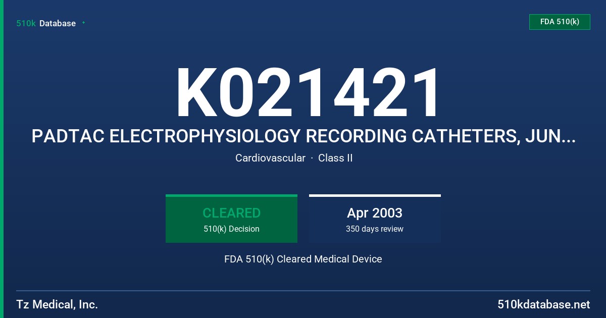 K021421 PADTAC ELECTROPHYSIOLOGY RECORDING CATHETERS, JUNCTION CABLE CONNECTOR & CABLE FDA 510(k) Cleared Medical Device
