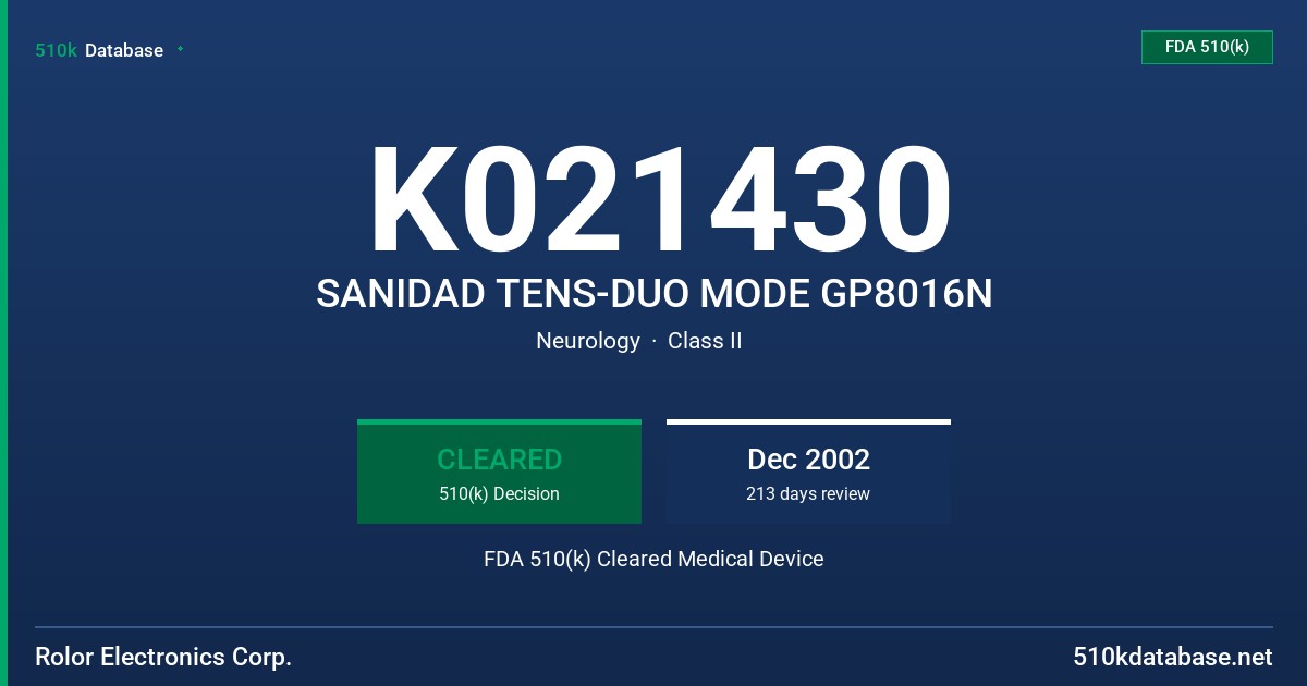 K021430 SANIDAD TENS-DUO MODE GP8016N FDA 510(k) Cleared Medical Device