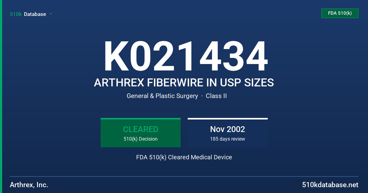 K021434 ARTHREX FIBERWIRE IN USP SIZES FDA 510(k) Cleared Medical Device