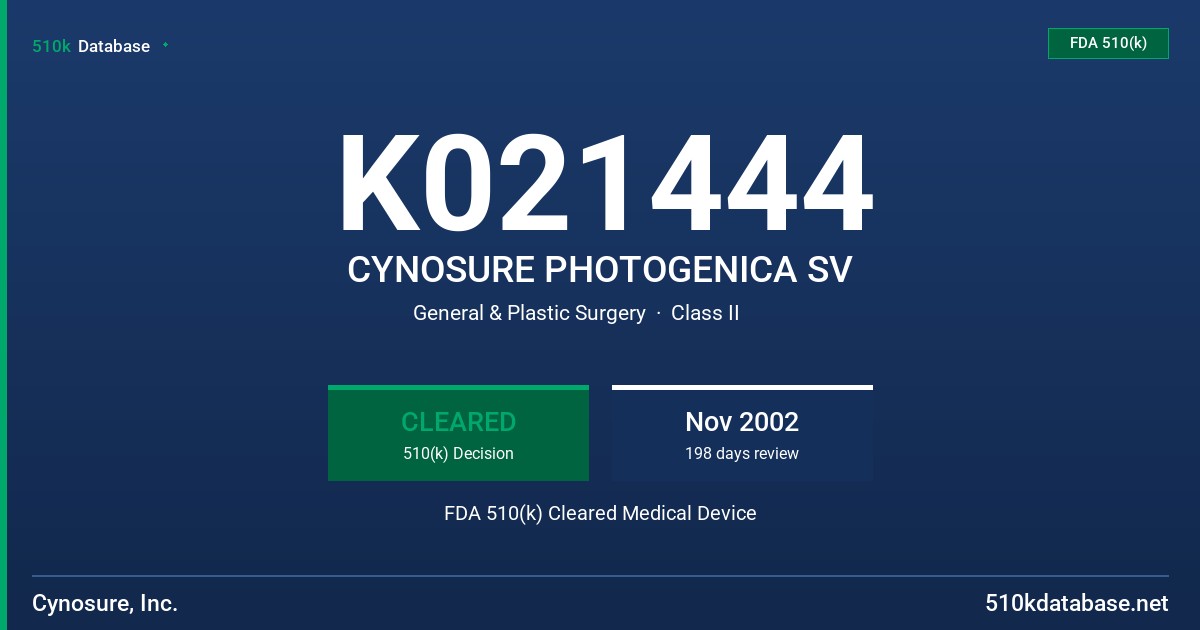 K021444 CYNOSURE PHOTOGENICA SV FDA 510(k) Cleared Medical Device