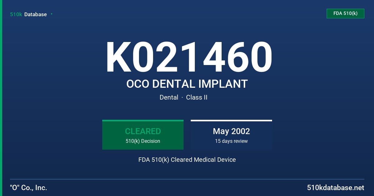 K021460 OCO DENTAL IMPLANT FDA 510(k) Cleared Medical Device
