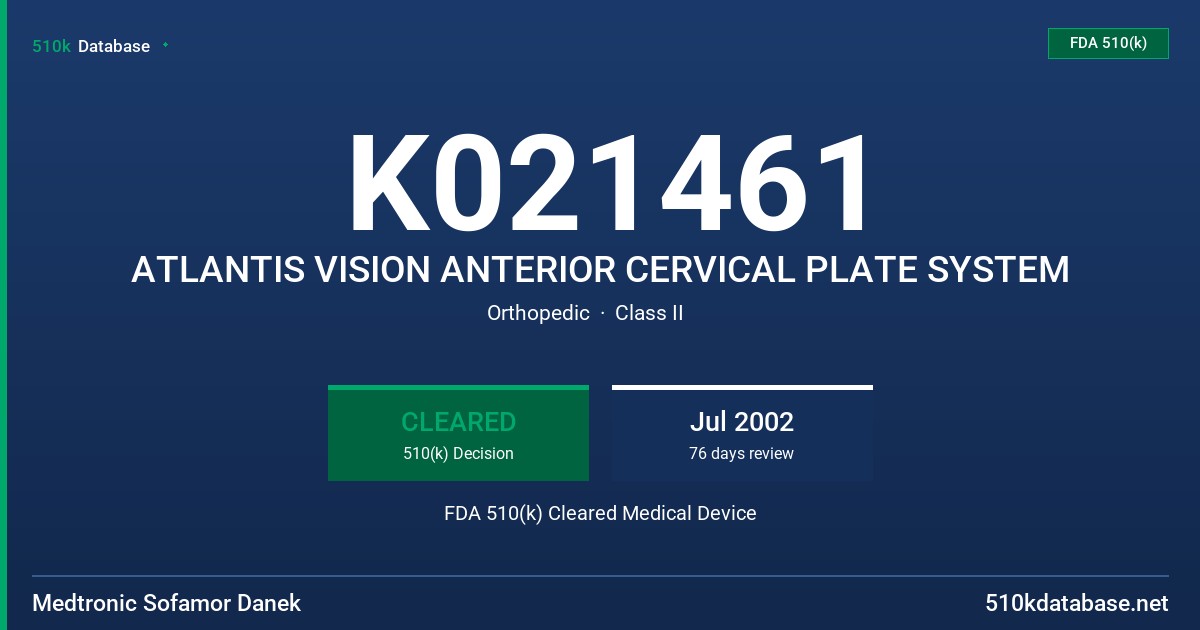 K021461 ATLANTIS VISION ANTERIOR CERVICAL PLATE SYSTEM FDA 510(k) Cleared Medical Device