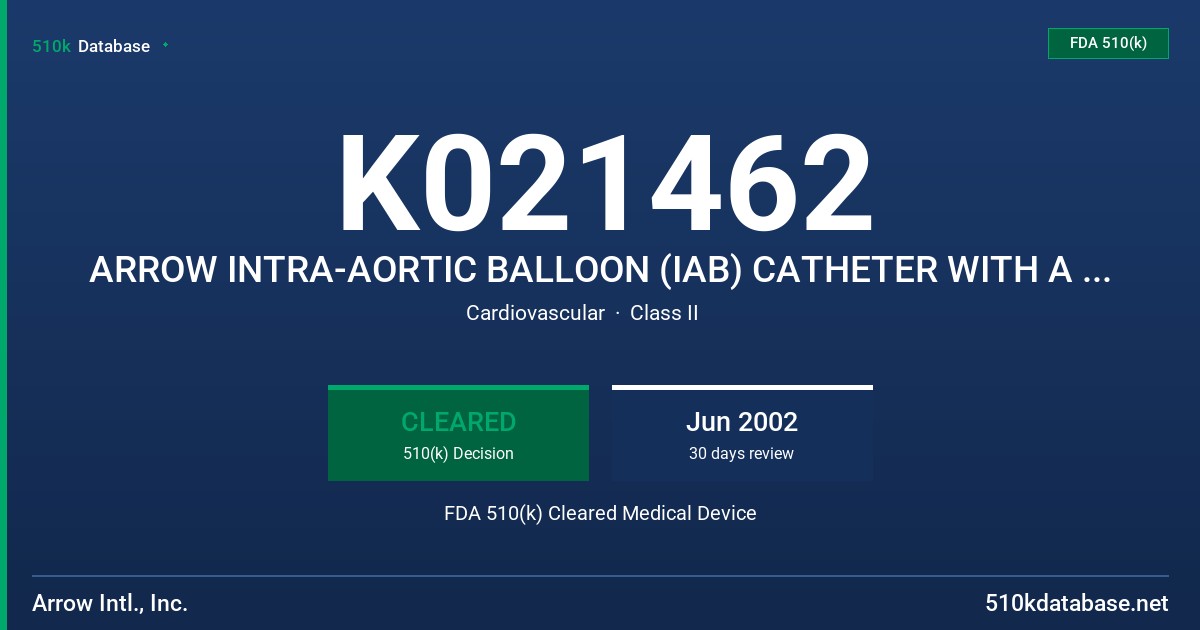 K021462 ARROW INTRA-AORTIC BALLOON (IAB) CATHETER WITH A FIBER OPTIC SENSOR AND A MEASUREMENT SYSTEM, MODELS IAB-05830-F,IAB5840 FDA 510(k) Cleared Medical Device