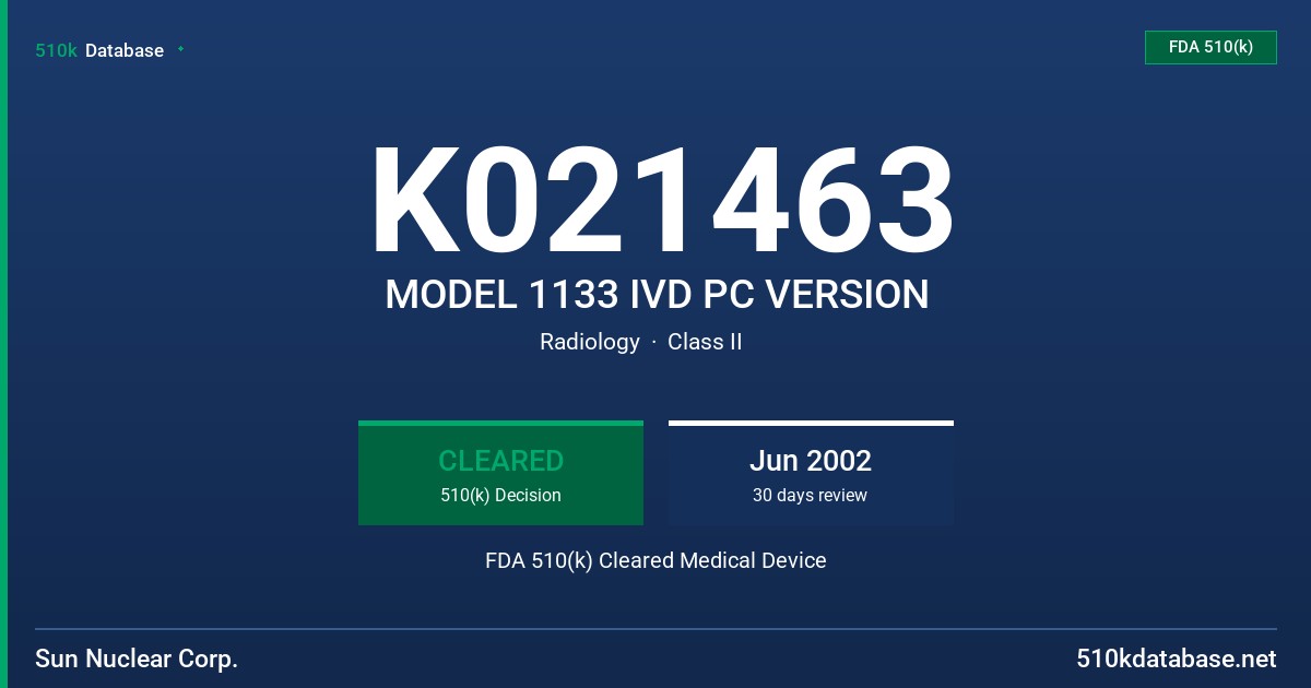 K021463 MODEL 1133 IVD PC VERSION FDA 510(k) Cleared Medical Device