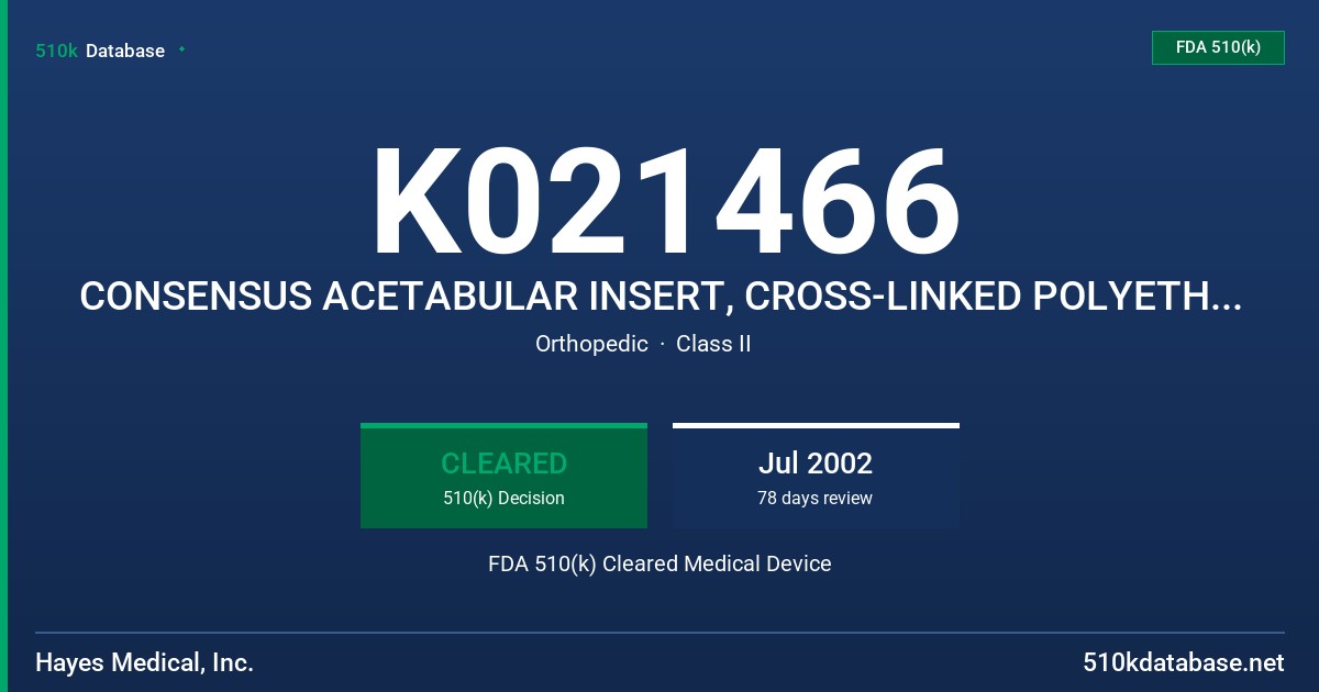 K021466 CONSENSUS ACETABULAR INSERT, CROSS-LINKED POLYETHYLENE FDA 510(k) Cleared Medical Device