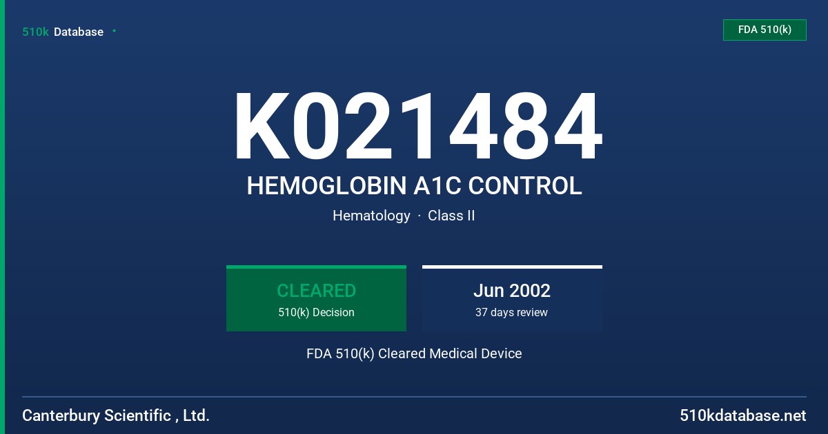 K021484 HEMOGLOBIN A1C CONTROL FDA 510(k) Cleared Medical Device