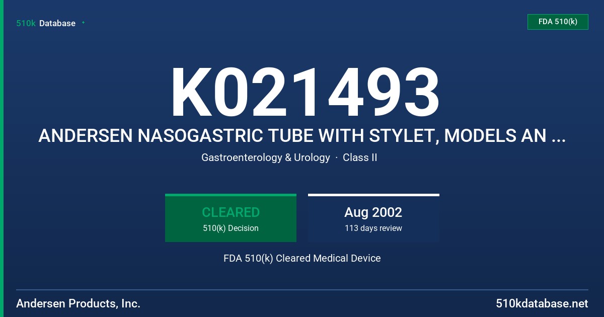 K021493 ANDERSEN NASOGASTRIC TUBE WITH STYLET, MODELS AN 11S, 13S, 14S & 18S FDA 510(k) Cleared Medical Device