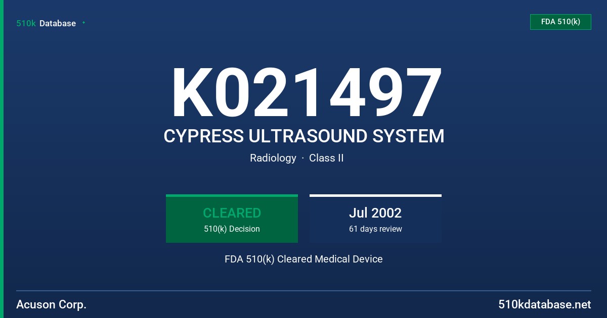 K021497 CYPRESS ULTRASOUND SYSTEM FDA 510(k) Cleared Medical Device