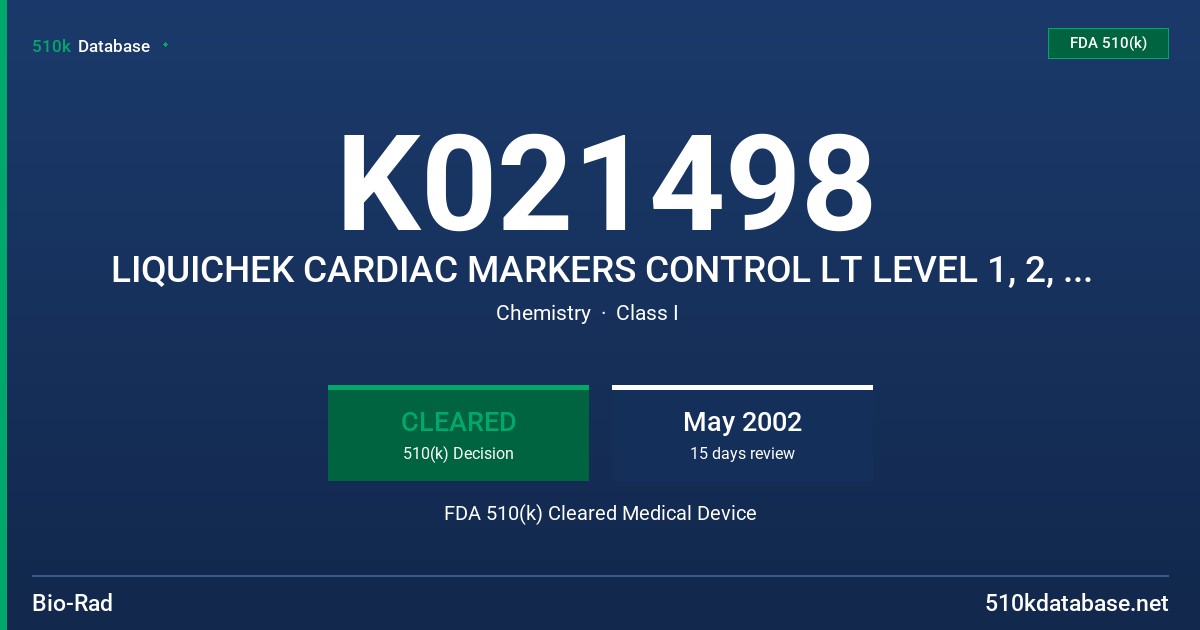 K021498 LIQUICHEK CARDIAC MARKERS CONTROL LT LEVEL 1, 2, 3, AND TRILEVEL FDA 510(k) Cleared Medical Device