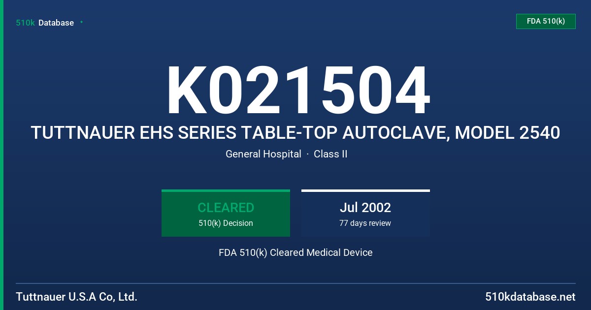 K021504 TUTTNAUER EHS SERIES TABLE-TOP AUTOCLAVE, MODEL 2540 FDA 510(k) Cleared Medical Device