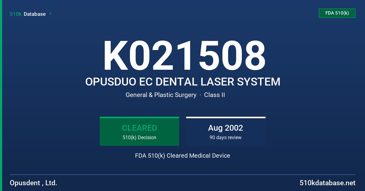 K021508 OPUSDUO EC DENTAL LASER SYSTEM FDA 510(k) Cleared Medical Device
