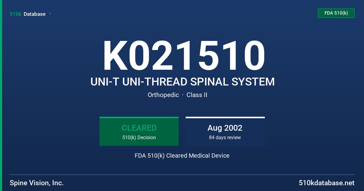 K021510 UNI-T UNI-THREAD SPINAL SYSTEM FDA 510(k) Cleared Medical Device