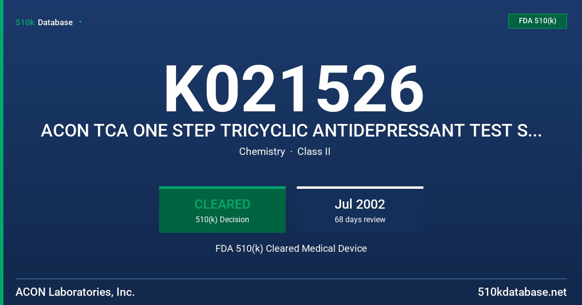 K021526 ACON TCA ONE STEP TRICYCLIC ANTIDEPRESSANT TEST STRIP AND DEVICE FDA 510(k) Cleared Medical Device