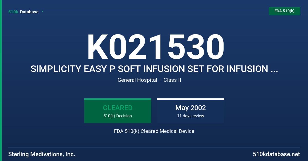 K021530 SIMPLICITY EASY P SOFT INFUSION SET FOR INFUSION AND/OR INJECTION OF FLUIDS INTO THE BODY BELOW THE SURFACE OF THE SKIN FDA 510(k) Cleared Medical Device