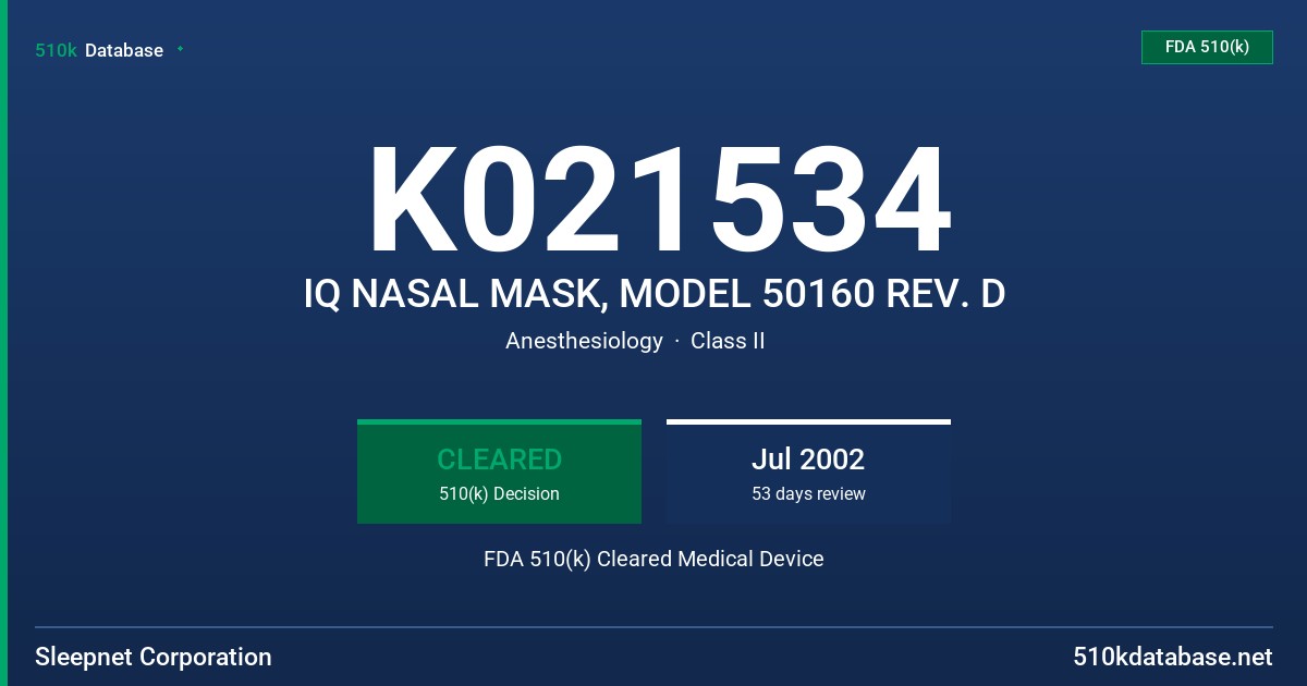 K021534 IQ NASAL MASK, MODEL 50160 REV. D FDA 510(k) Cleared Medical Device