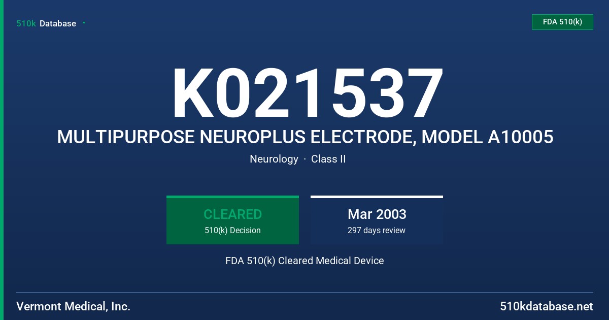 K021537 MULTIPURPOSE NEUROPLUS ELECTRODE, MODEL A10005 FDA 510(k) Cleared Medical Device