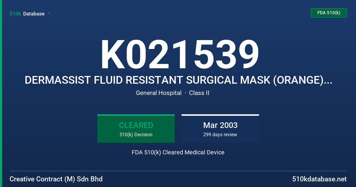 K021539 DERMASSIST FLUID RESISTANT SURGICAL MASK (ORANGE) AND PROCEDURE MASK WITH TIE-ON AND WITH EARLOOPS FDA 510(k) Cleared Medical Device
