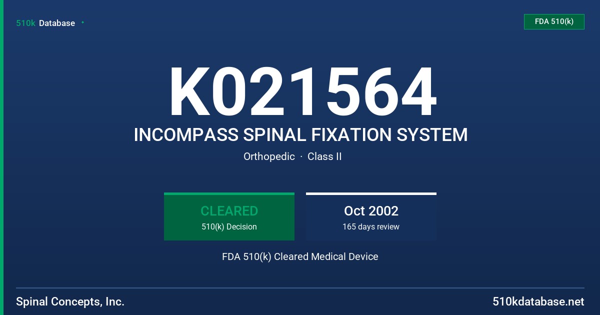 K021564 INCOMPASS SPINAL FIXATION SYSTEM FDA 510(k) Cleared Medical Device