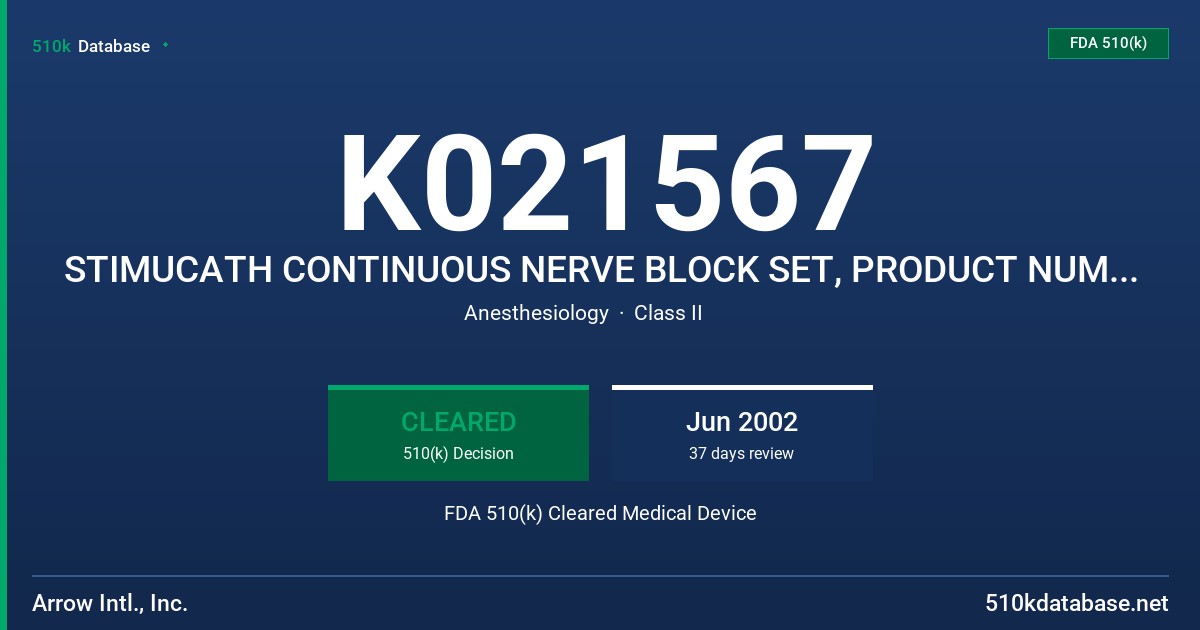K021567 STIMUCATH CONTINUOUS NERVE BLOCK SET, PRODUCT NUMBER AB-05000 FDA 510(k) Cleared Medical Device