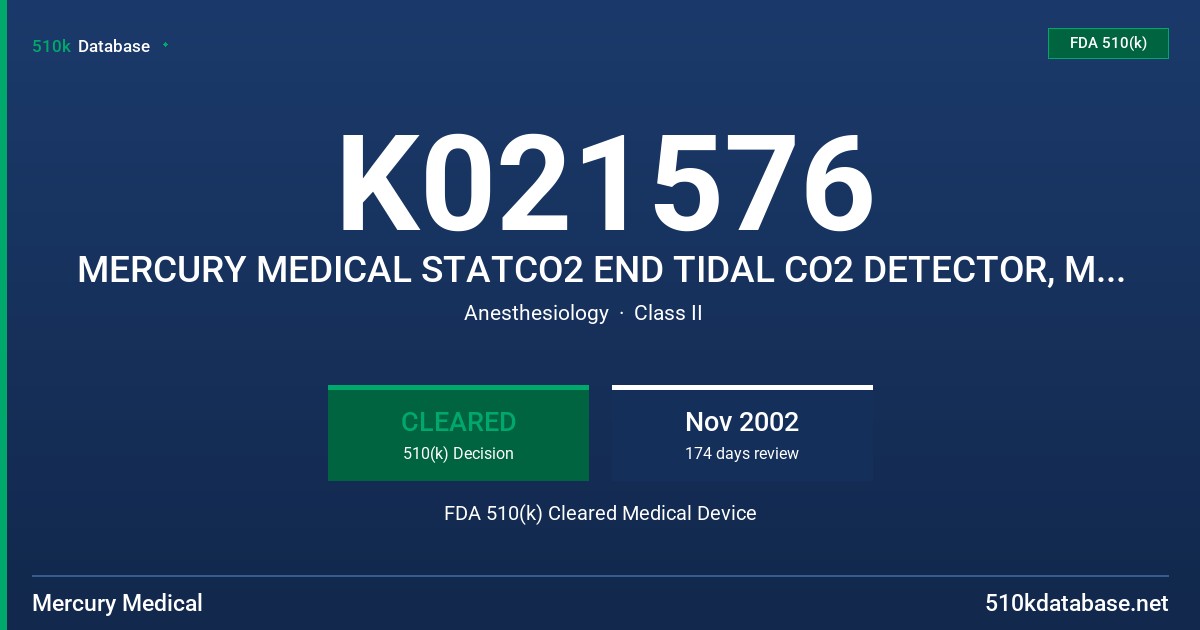 K021576 MERCURY MEDICAL STATCO2 END TIDAL CO2 DETECTOR, MODEL 10-55370 FDA 510(k) Cleared Medical Device