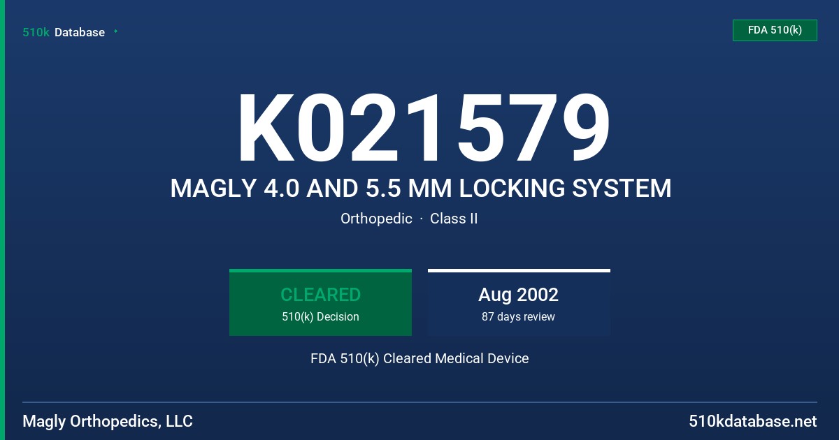K021579 MAGLY 4.0 AND 5.5 MM LOCKING SYSTEM FDA 510(k) Cleared Medical Device