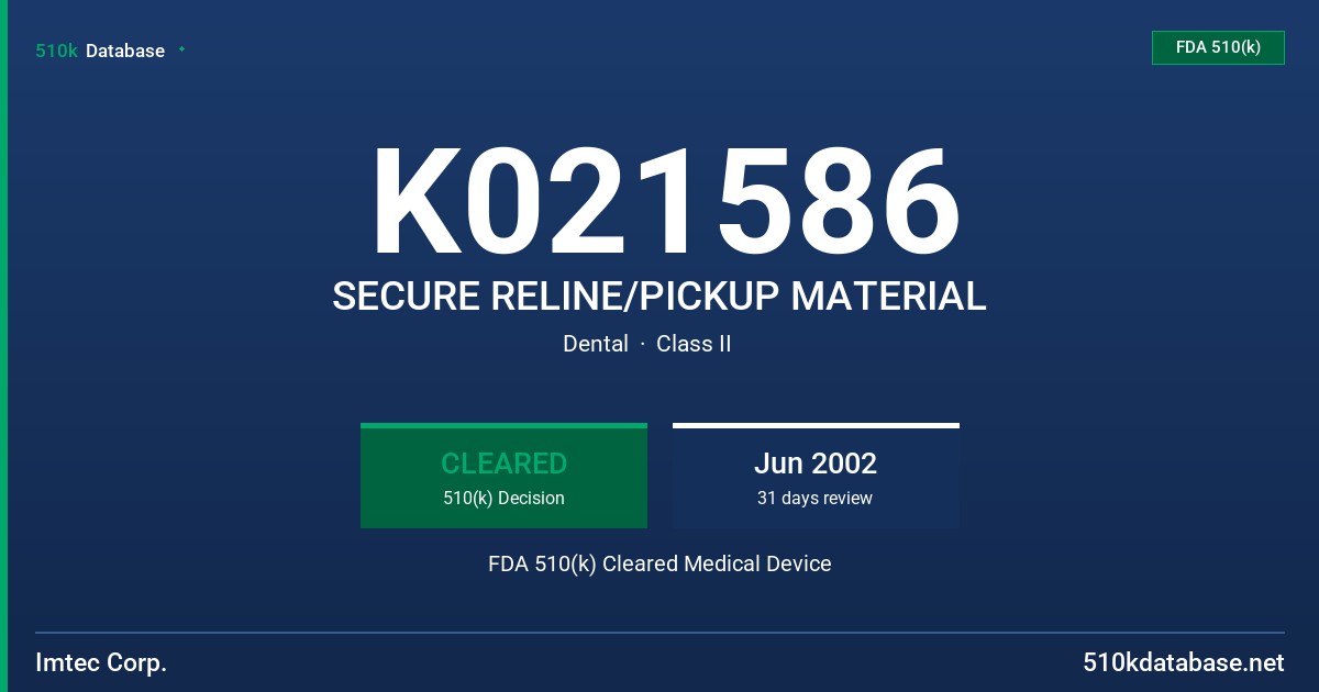 K021586 SECURE RELINE/PICKUP MATERIAL FDA 510(k) Cleared Medical Device