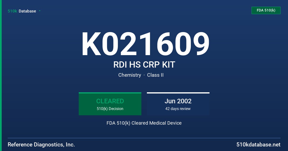 K021609 RDI HS CRP KIT FDA 510(k) Cleared Medical Device