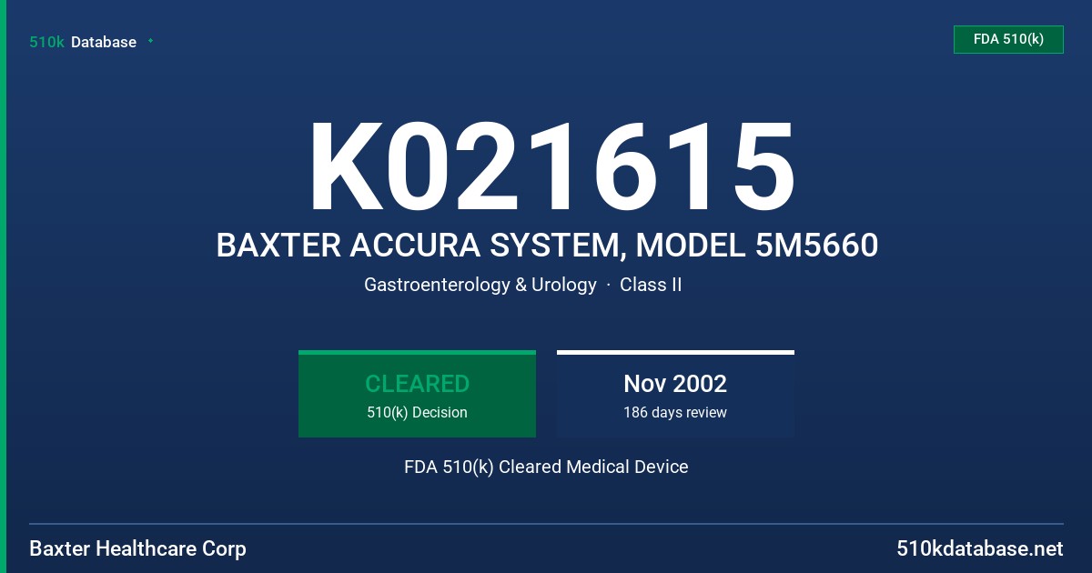 K021615 BAXTER ACCURA SYSTEM, MODEL 5M5660 FDA 510(k) Cleared Medical Device
