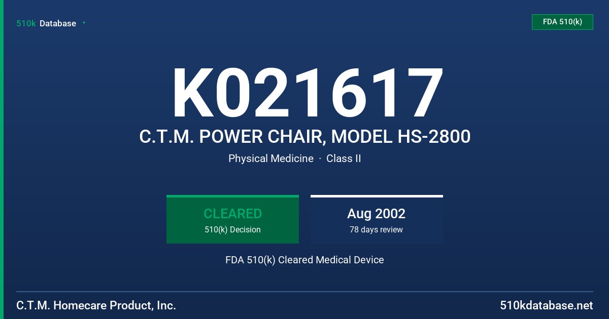 K021617 C.T.M. POWER CHAIR, MODEL HS-2800 FDA 510(k) Cleared Medical Device