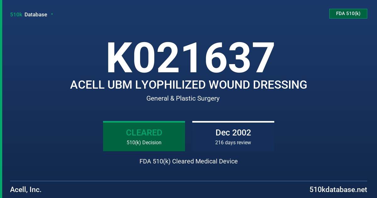 K021637 ACELL UBM LYOPHILIZED WOUND DRESSING FDA 510(k) Cleared Medical Device