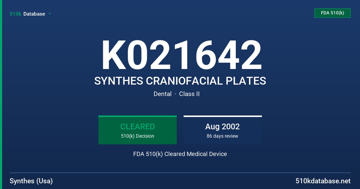 K021642 SYNTHES CRANIOFACIAL PLATES FDA 510(k) Cleared Medical Device