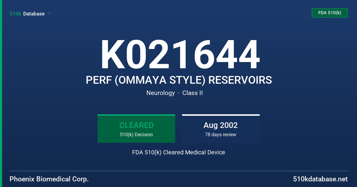K021644 PERF (OMMAYA STYLE) RESERVOIRS FDA 510(k) Cleared Medical Device